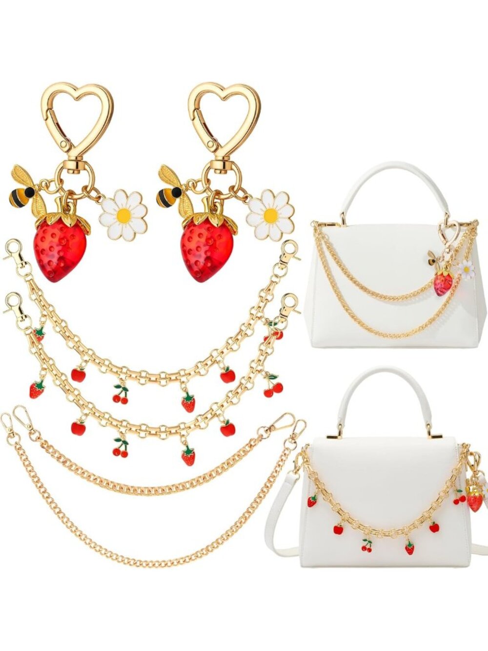 6 Pcs Strawberry Bag Charms & Keychains - Fruit Purse Strap Extender Set